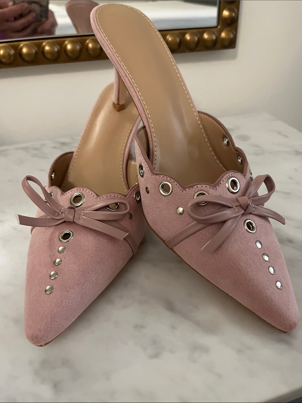 Blush Pink Pointed-Toe Bow Mules with Eyelet Accents